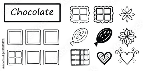 Hand Drawn Chocolate Elements Cocoa Beans and Chocolate Bars in Black and White Perfect for Valentine s Day Designs on transparent background