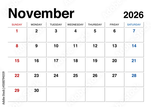 2026年11月のカレンダー日曜始まり 日本の祝日表記無し
