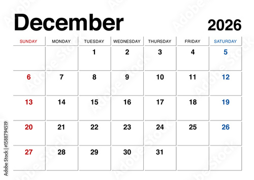 2026年12月のカレンダー日曜始まり