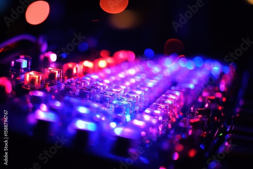 Colorful LED Lights on a Musical Instrument Control Panel at Night