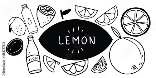 Lemon Illustration Set with Slices and Juice Bottles