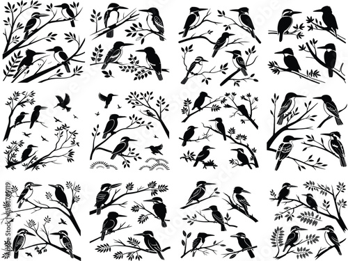 Collection of kingfisher birds perched on branches with leaves and flying