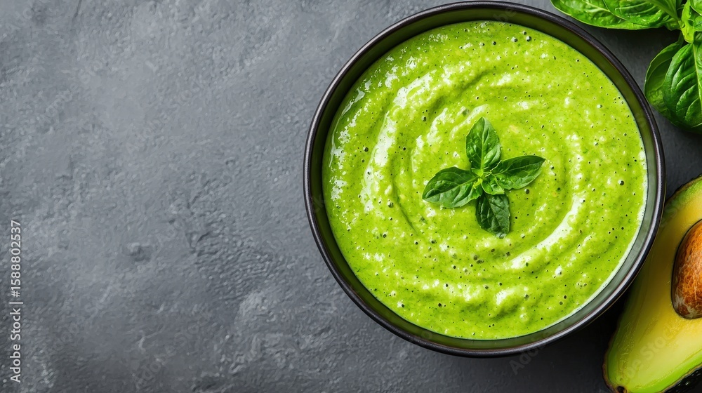 Vibrant vegan avocado smoothie blended with coconut milk and matcha, garnished with basil leaves, presented in a black bowl on a textured backdrop Vibrant vegan avocado smoothie blended with coconut milk and matcha, garnished with basil leaves, presented in a black bowl on a textured backdrop
