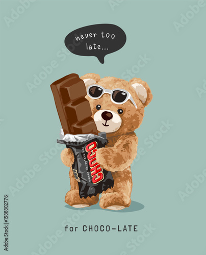 bear doll holding chocolate bar vector illustration