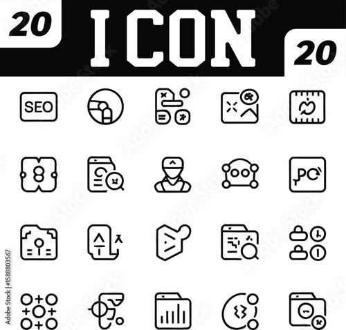 Collection of Twenty Black and White Line Art Icons on a White Background