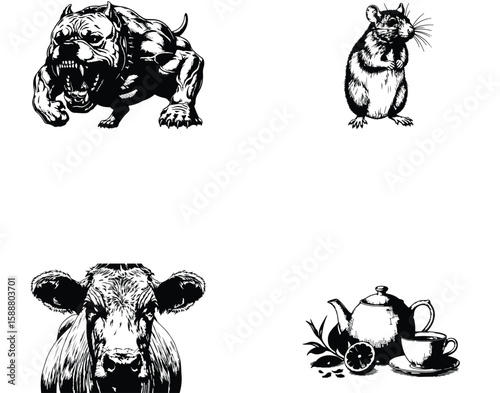 Vector art of a fierce pitbull, a curious rat, a cow, and a tea set with lemon