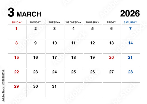 2026年3月のカレンダー日曜始まり