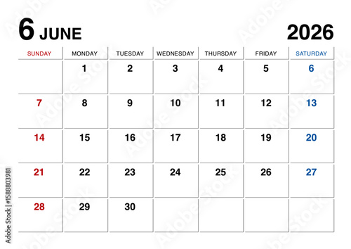 2026年6月のカレンダー日曜始まり