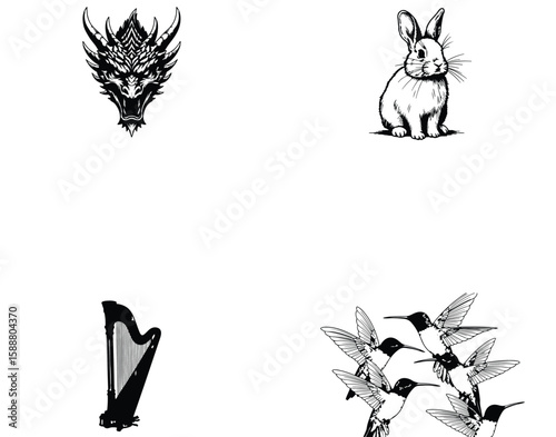 Vector art of a dragon head, a rabbit, a harp, and a group of hummingbirds
