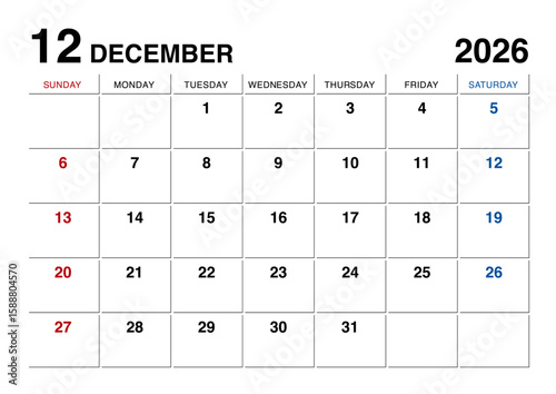2026年12月のカレンダー日曜始まり
