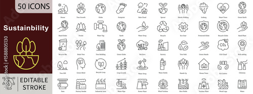 Sustainability Line Icons Set with Editable Stroke for Environment, Ecology, Green Energy, and Conservation