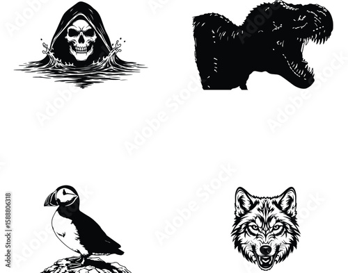 Vector art of a skull in a hood emerging from water, a trex head, a puffin bird, and a wolf head