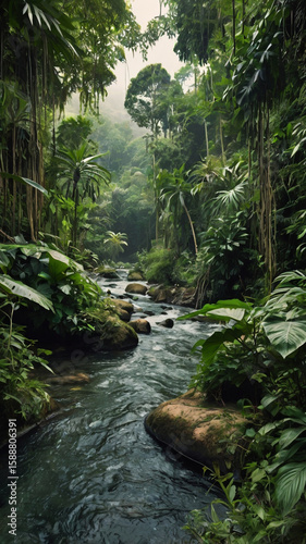 Photo of a flowing river winds through a lush, green tropical jungle