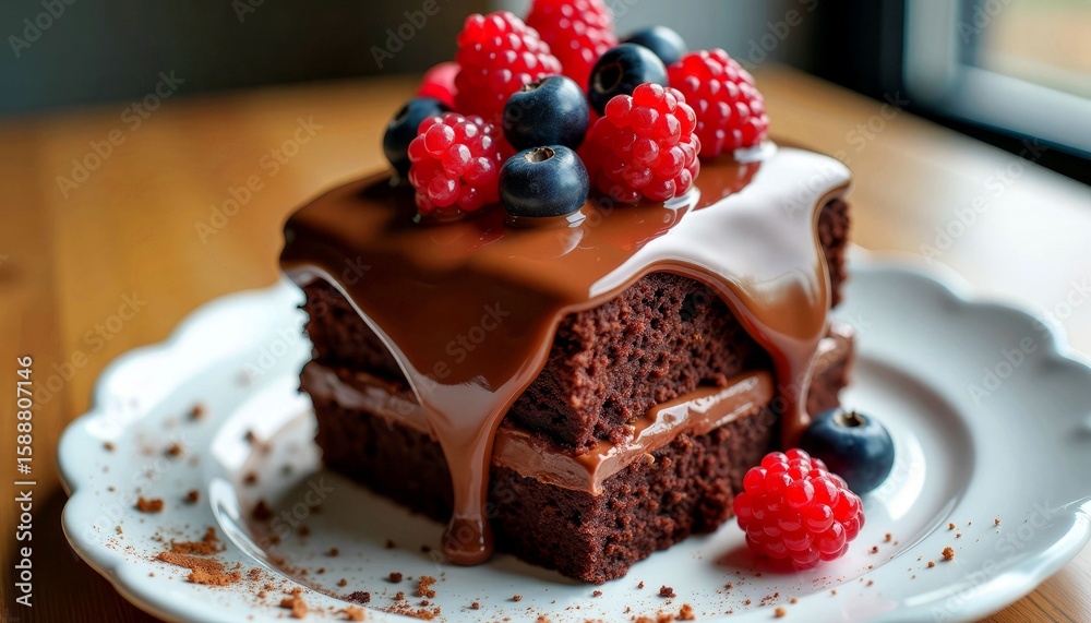 Chocolate cake with raspberries and blueberries on a plate with a blurred background Chocolate cake with raspberries and blueberries on a plate with a blurred background