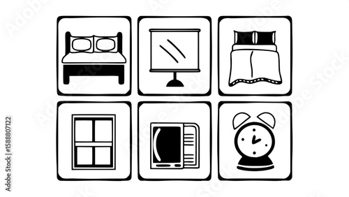 A set of modern line icons depicting hotel room essentials. Icons include pillows, blankets, reading lamps, smart TV, keycard, desk, alarm clock, closet, mirror, and window. Designed with precision an