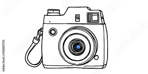Hand-drawn instant camera with flash & lens, line art style for coloring,  retro,  digital art