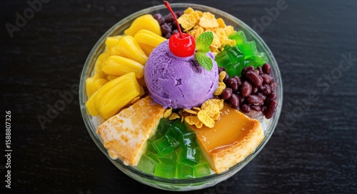 A colorful and delicious filipino halo halo dessert in a glass bowl