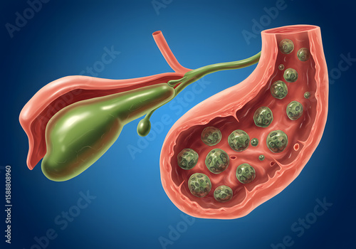 Gallbladder with gallstones anatomy illustration