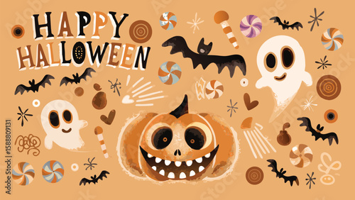 Happy halloween themed background with pumpkin, ghosts, bats, and candy on a light orange backdrop