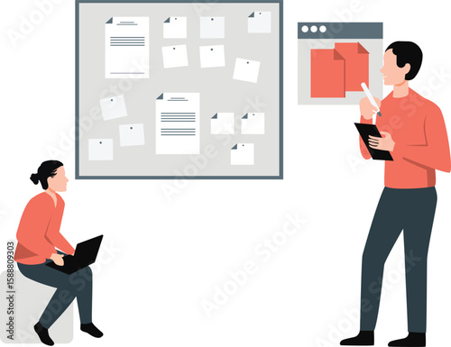 Two employees are pasting documents on the board.