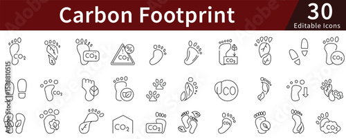 Carbon Footprint Line Icons Set with Editable Stroke for Climate Change, Emission, Environment, and Sustainability