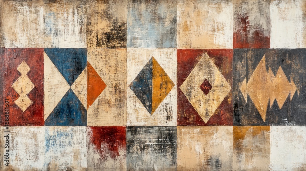 Fototapeta premium Geometric Patchwork: Abstract Painting with Diamond and Triangle Motifs in Earth Tones