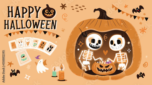 Happy halloween scene with skeletons in a pumpkin, ghost, bats, and festive decorations abound here