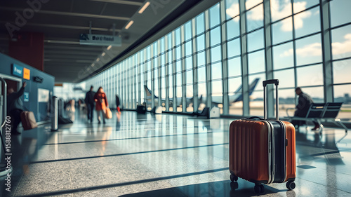 Expressionist artistic image of it uses travel items such as wheeled suitcases, in an airport terminal that can be seen planes through glass, with some people walking and sitting waiting Generative AI