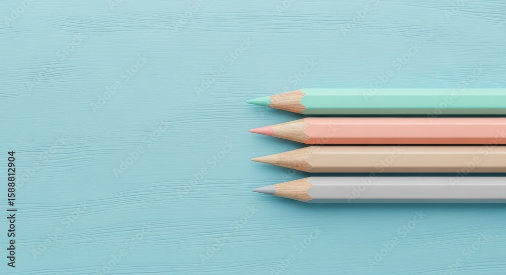 Obraz premium Photo of four pastel colored pencils are neatly arranged on a light blue wooden surface