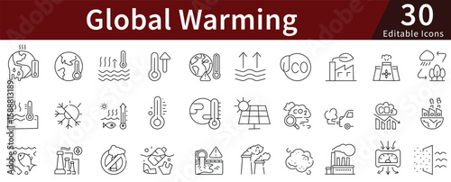 Global Warming Line Icons Set with Editable Stroke for Climate Change, Environment, and Earth Protection