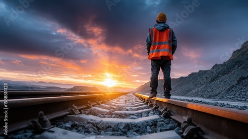 A man in an orange vest stands on a railroad track
