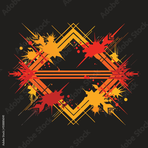An abstract geometric design featuring vibrant orange and red splatters, conveying energy and chaos