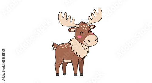 Adorable cartoon moose with large antlers and a happy expression prances playfully in a delightful forest scene