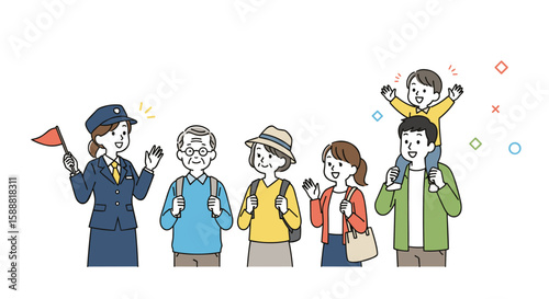 Happy tourists enjoying a guided city walking tour with a friendly local guide holding a flag and a child on shoulders