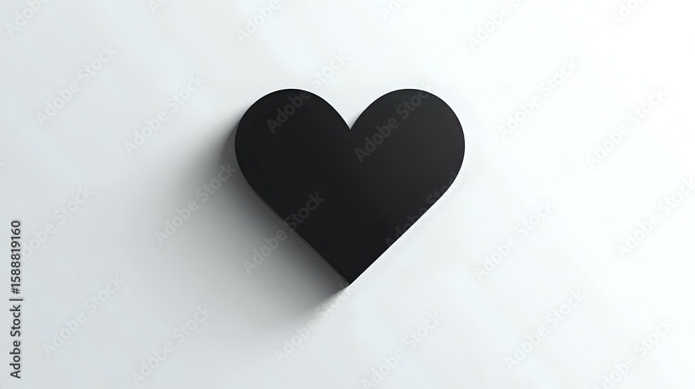 Fototapeta premium Black heart shape casting soft shadow on white background, minimalist romantic symbol isolated for design projects and creative use.