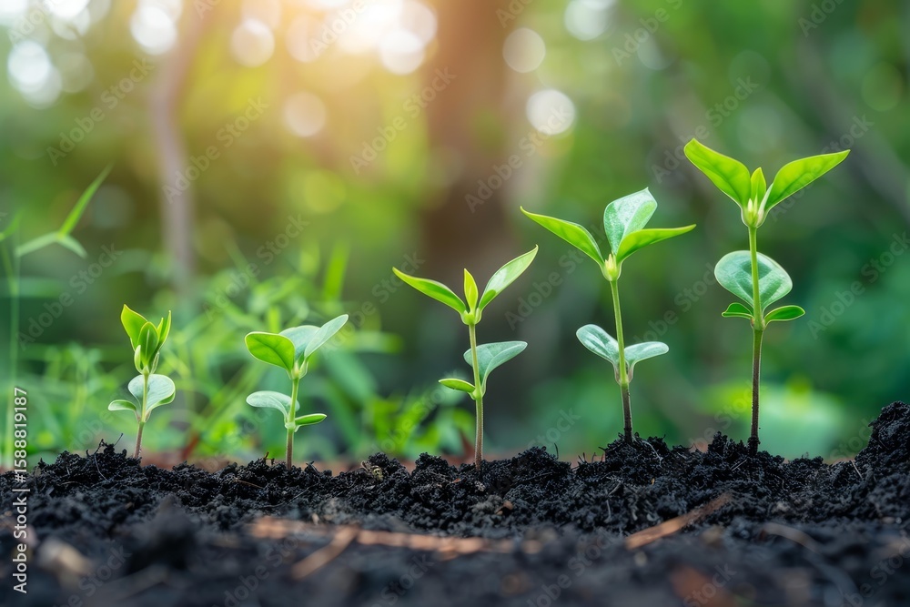 Fototapeta premium Seedlings are growing from fertile soil, showing different stages of growth, from small to big, in the morning sunlight