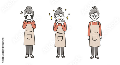 Three Illustrations of an Older Woman in an Apron Expressing Different Emotions and Poses for a Project or Presentation