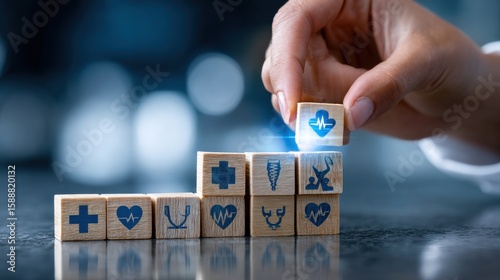A hand is holding a stack of wooden blocks with a heart on top