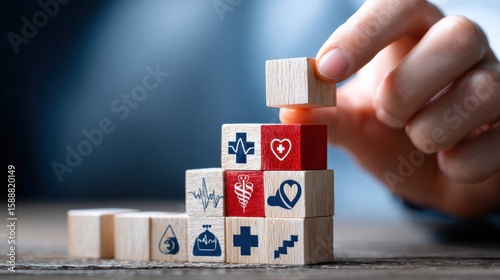 A person is stacking wooden blocks with medical symbols on them