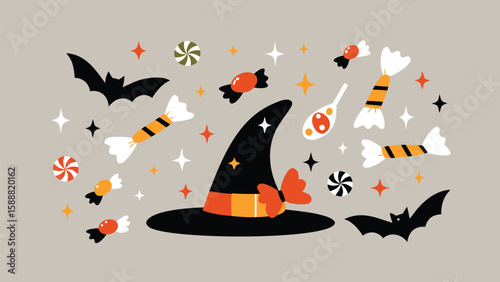 Illustration of halloween witch hat with bats candies and stars on a light gray background design art