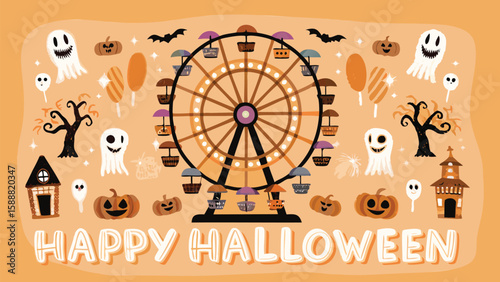 Happy halloween scene featuring a ferris wheel, ghosts, pumpkins, and spooky trees in orange tones