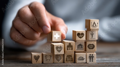 A person is holding a stack of wooden blocks with various symbols on them