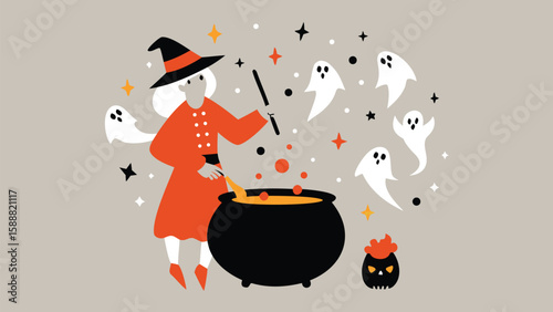 Illustration of a witch stirring a cauldron with ghosts and stars on a halloween themed background design