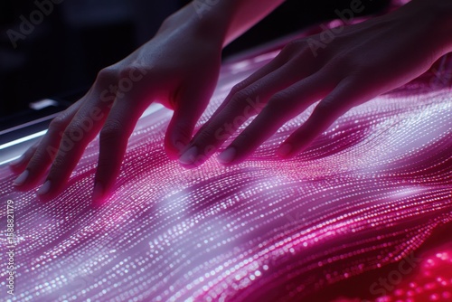 Human Hands Interacting with Futuristic Digital Surface in Neon Glow