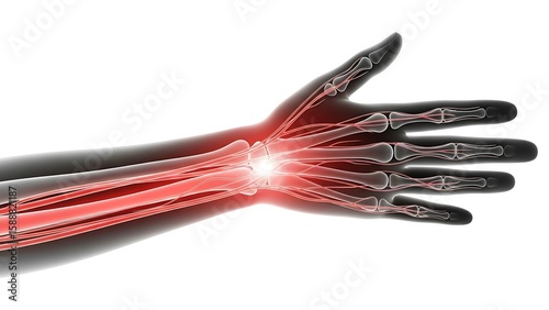 Human Wrist Pain Medical Concept. Anatomical illustration with glowing red spot indicating inflammation or injury.