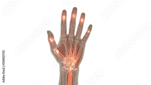 Human Hand Anatomy with Joint Pain. Medical illustration of arthritis, rheumatism, and carpal tunnel syndrome.