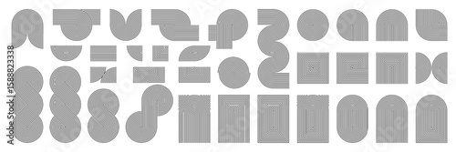 Abstract line pattern shape, geometric arch, rainbow elements logo design. Modern vector art, boho wave zen arc. Black circle simple texture, organic minimalist balance mid century poster aesthetic