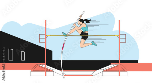 A Determined Female Athlete Soars Gracefully Over the Bar During an Intense Pole Vault Competition Event