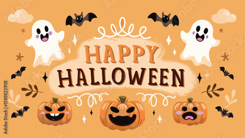 A festive halloween illustration with ghosts, bats, pumpkins and the words happy halloween written on it