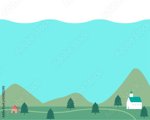 緑豊かな丘と家の背景素材